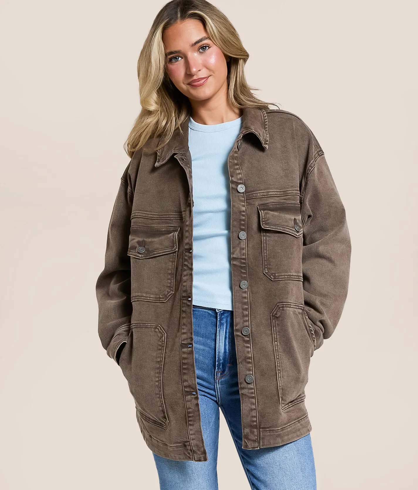 HIDDEN Washed Denim Oversized Stretch Shacket Washed Brown Online