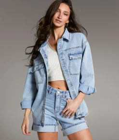 BKE Washed Denim Stretch Shacket Light Blue