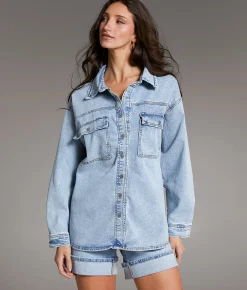 BKE Washed Denim Stretch Shacket Light Blue