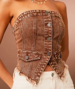 Sterling & Stitch Washed Denim Stretch Tube Top Washed Brown Online