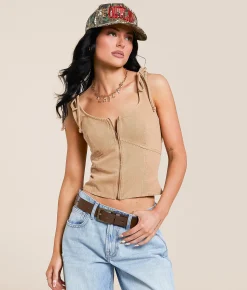 Tops | Gilded Intent Washed Denim Tank Top Brown