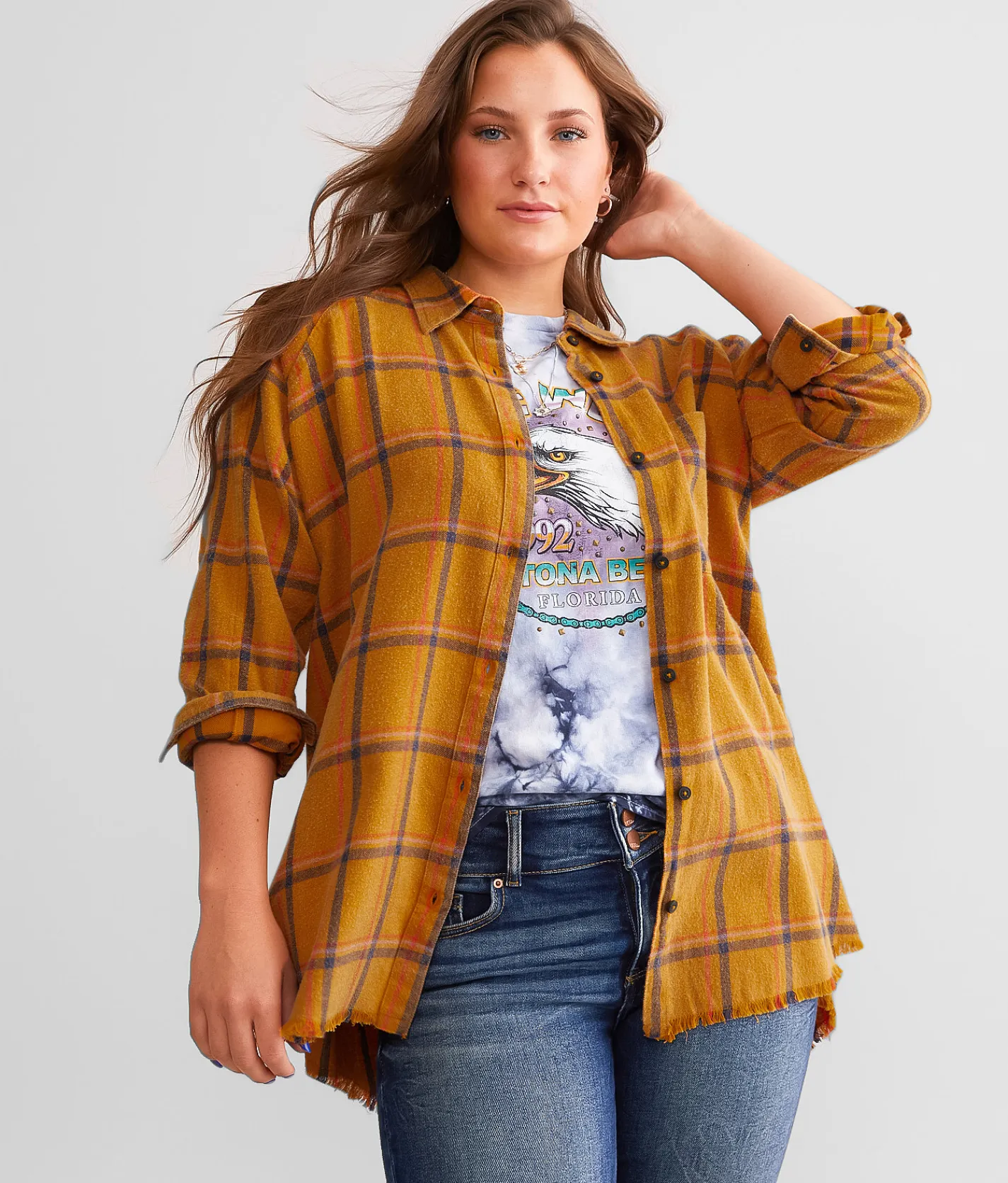 BKE Washed Flannel Boyfriend Shirt Gold Online