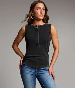 Tops | BKE Washed Henley Tank Top Washed Black