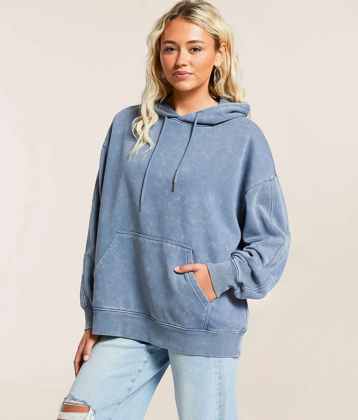 Gilded Intent Washed Knit Hooded Sweatshirt China Blue Clearance