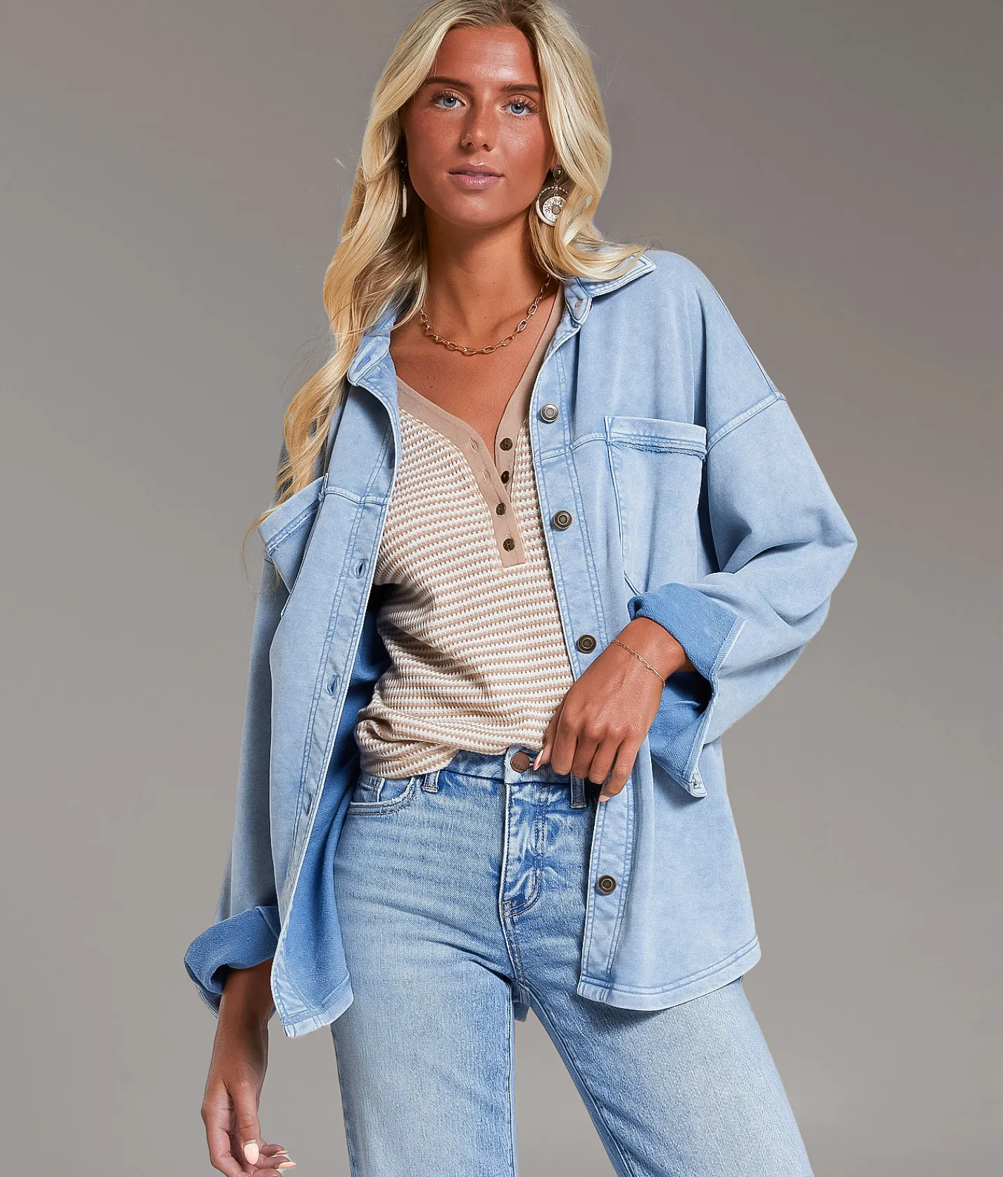BKE Washed Knit Shacket Denim Blue Discount