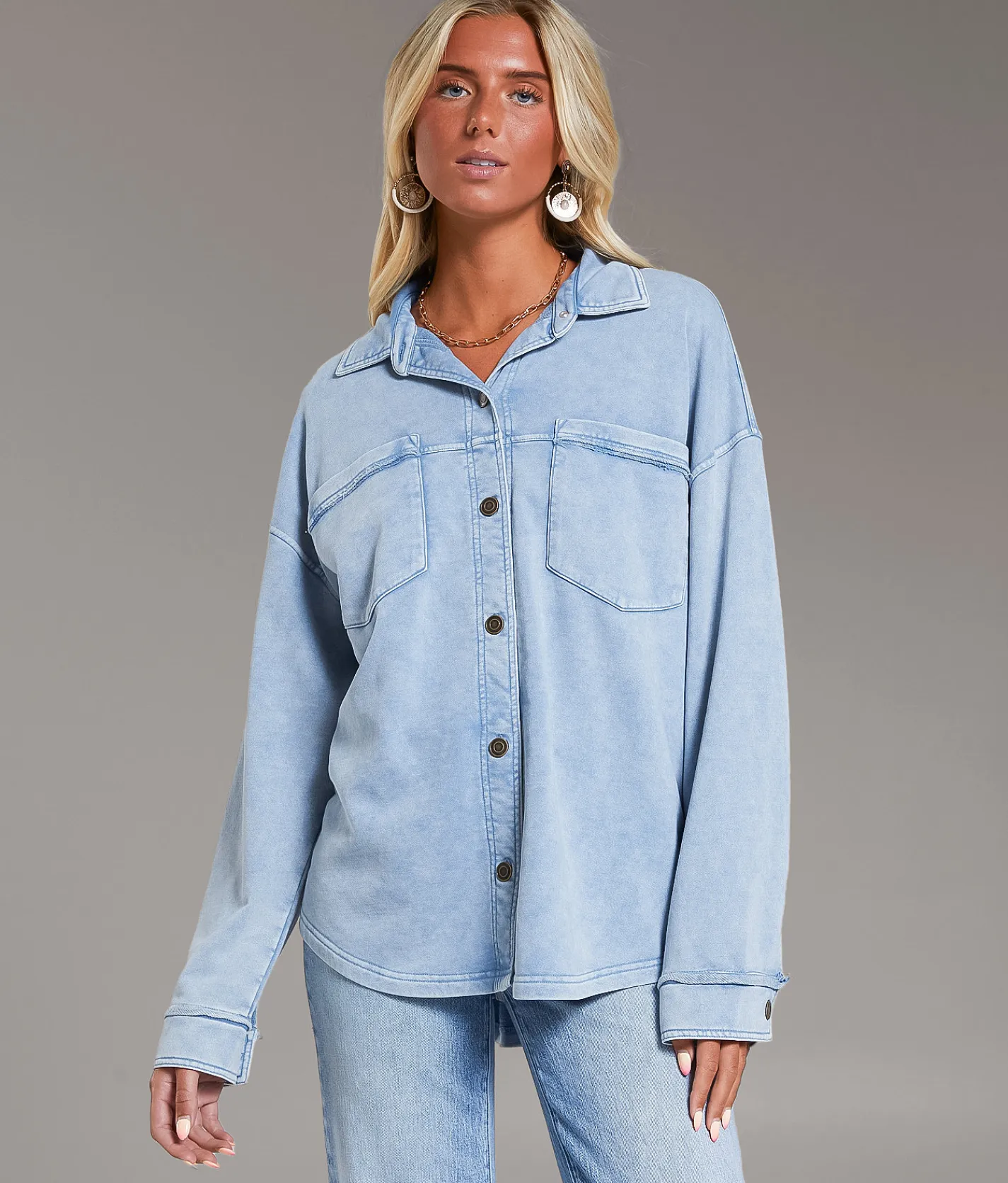 BKE Washed Knit Shacket Denim Blue Discount