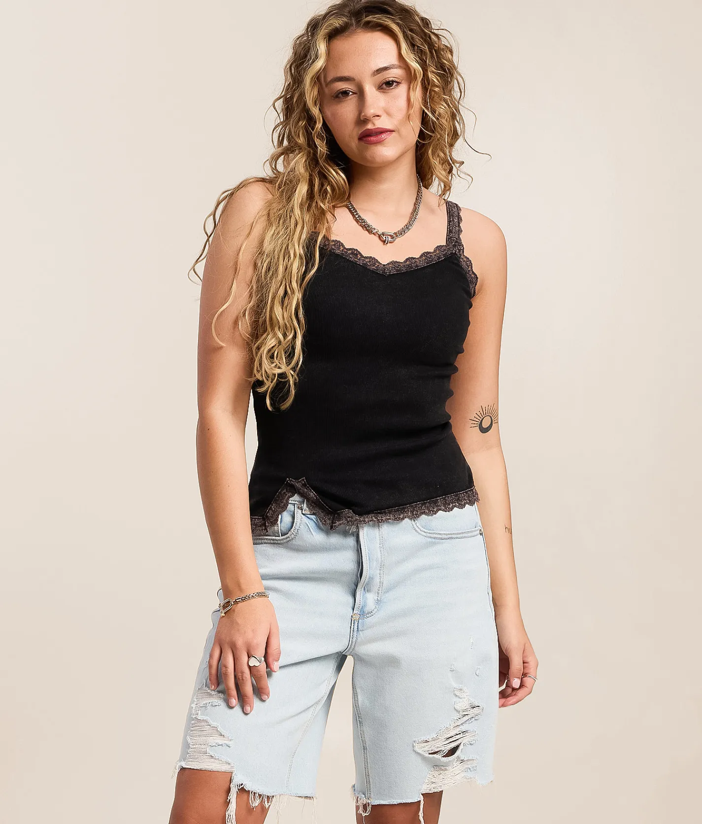 Tops | Gilded Intent Washed Lace Tank Top Washed Black