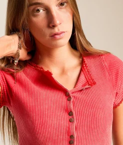 Tops | Gilded Intent Washed Lace Trim Top Chinese Red
