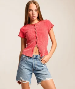 Tops | Gilded Intent Washed Lace Trim Top Chinese Red