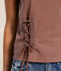 Gilded Intent Washed Lace-Up Top Cherry Mahogany Sale