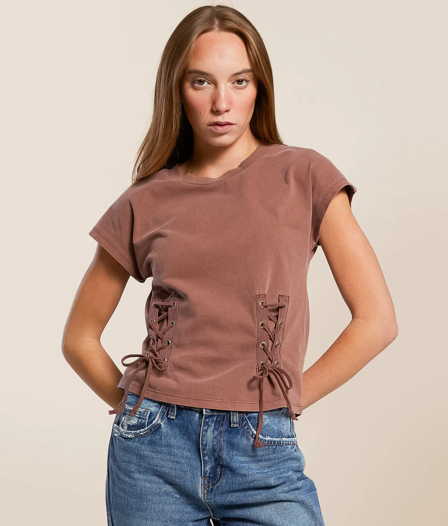 Gilded Intent Washed Lace-Up Top Cherry Mahogany Sale