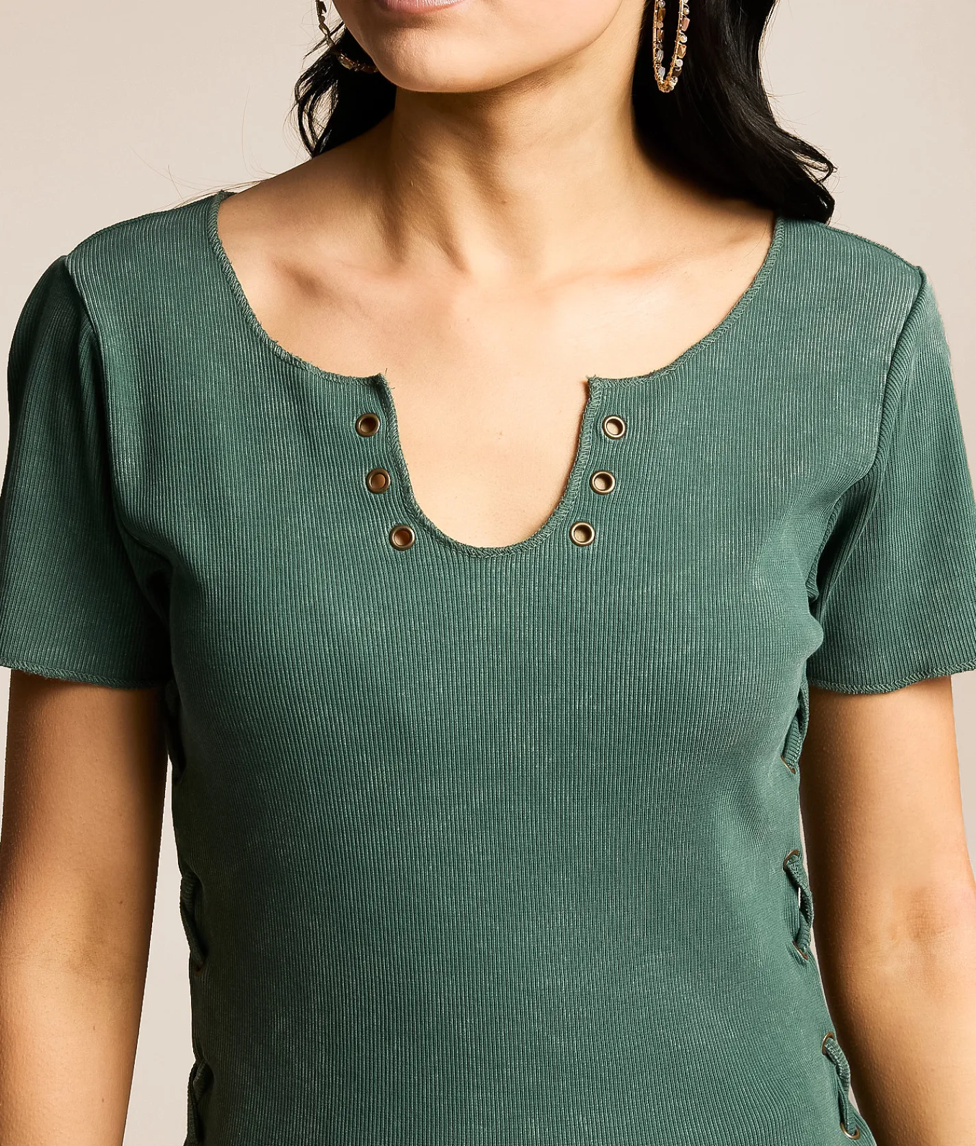 Gilded Intent Washed Lace-Up Top Bistro Green Clearance