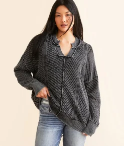 Tops | BKE Washed Notch Neck Oversized Sweater Black