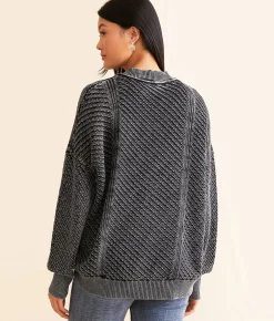 Tops | BKE Washed Notch Neck Oversized Sweater Black