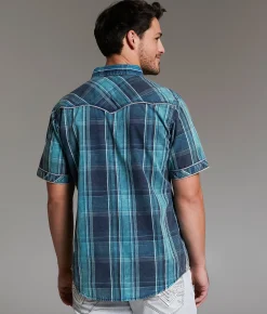 BKE Vintage Washed Plaid Athletic Shirt Navy Teal Discount