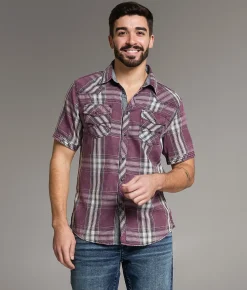 BKE Vintage Washed Plaid Athletic Shirt Maroon Black Best