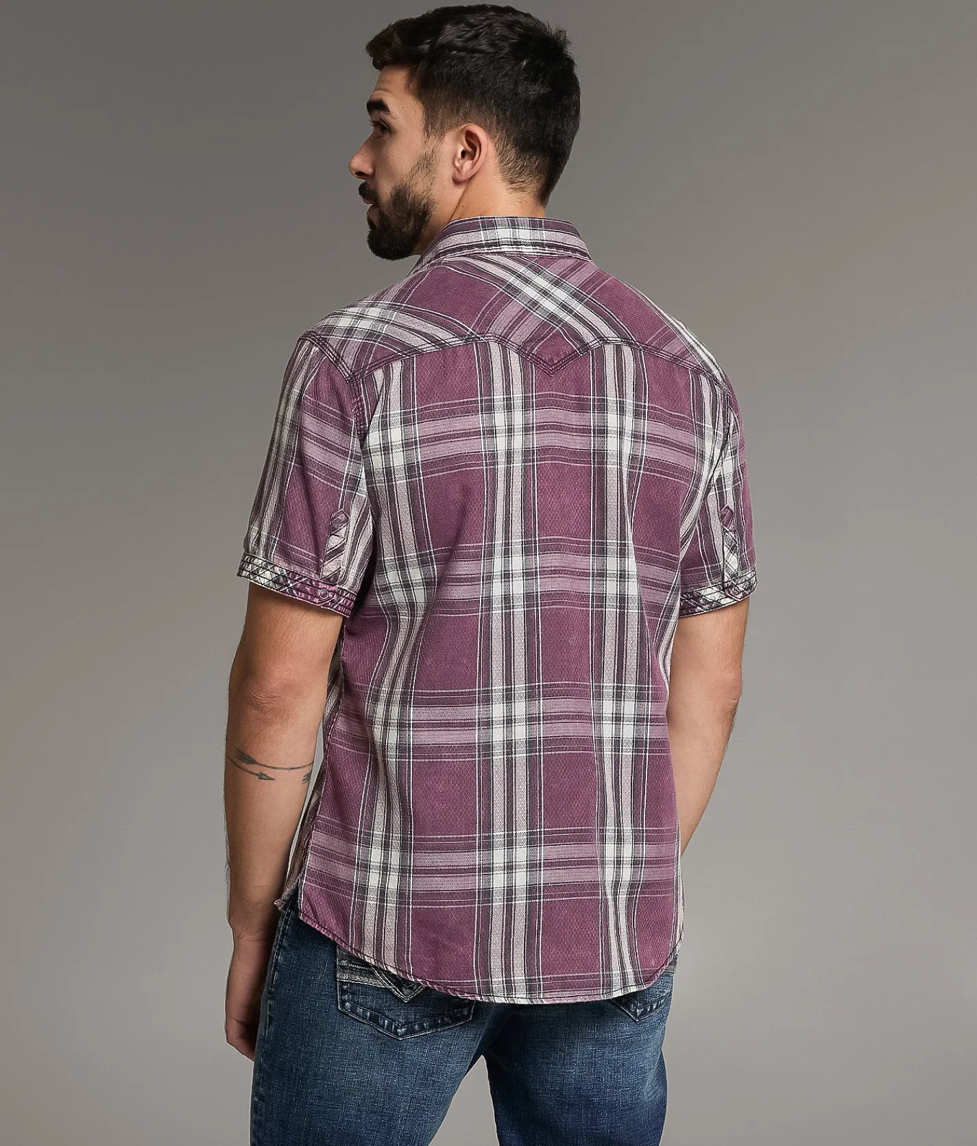 BKE Vintage Washed Plaid Athletic Shirt Maroon Black Best