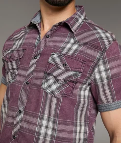 BKE Vintage Washed Plaid Athletic Shirt Maroon Black Best