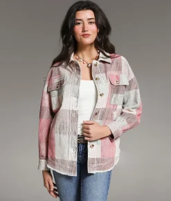 BKE Washed Plaid Corduroy Shacket Beige Multi Online