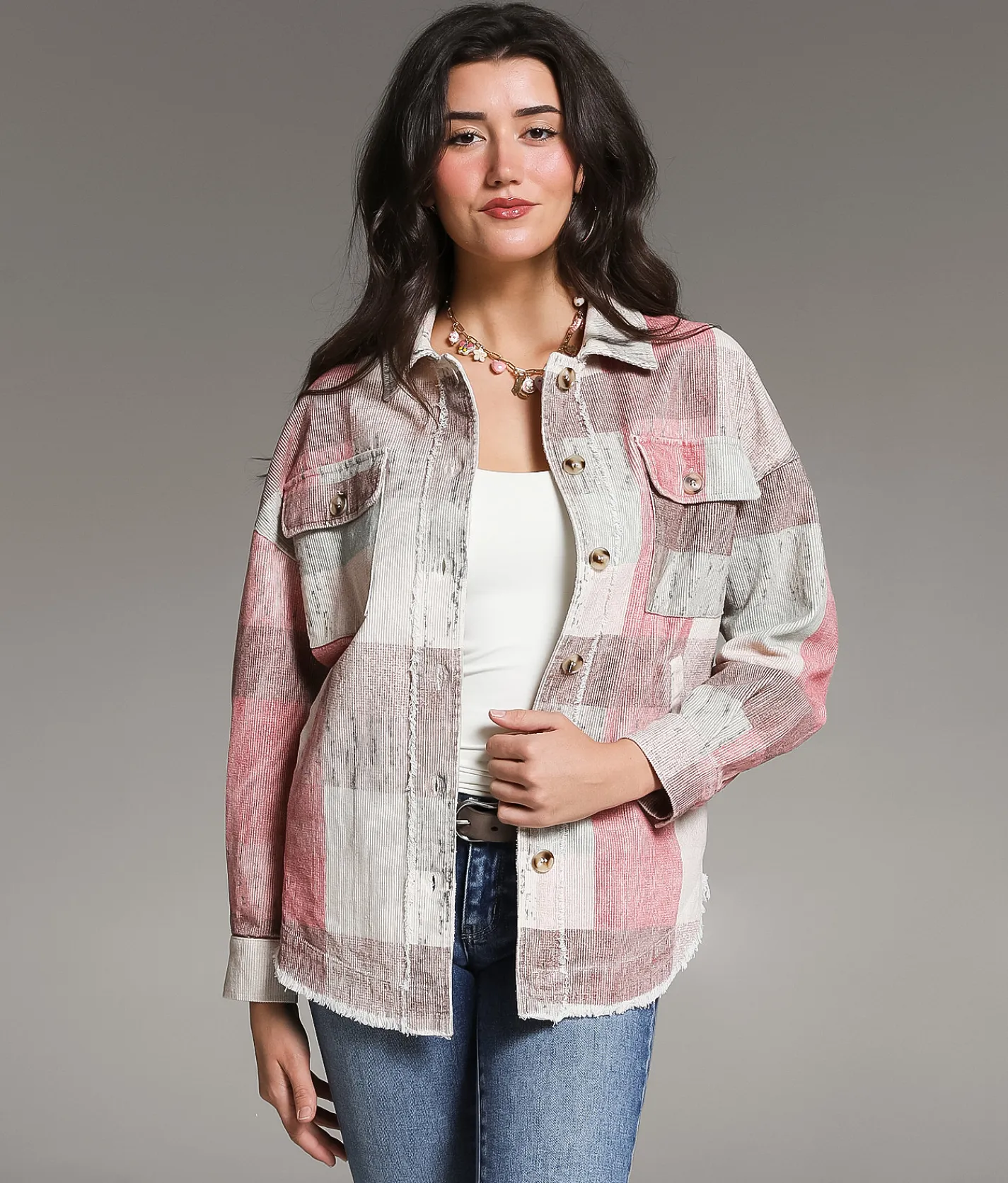 BKE Washed Plaid Corduroy Shacket Beige Multi Online