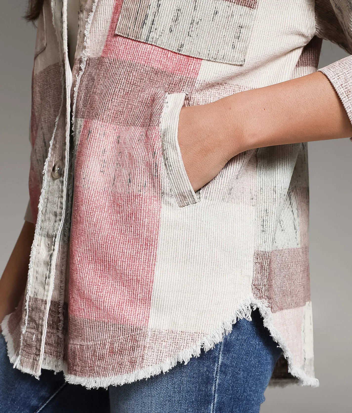 BKE Washed Plaid Corduroy Shacket Beige Multi Online