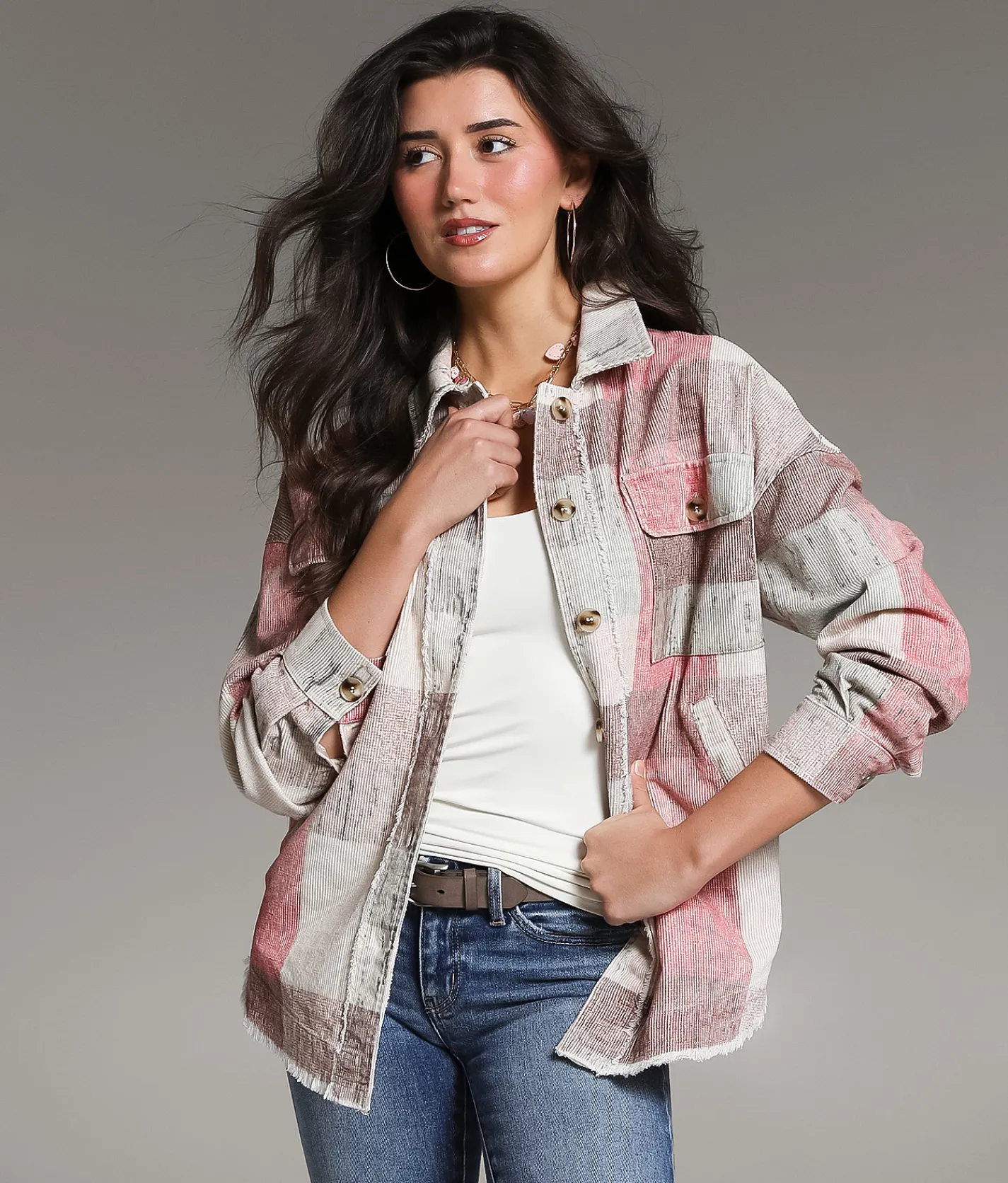 BKE Washed Plaid Corduroy Shacket Beige Multi Online