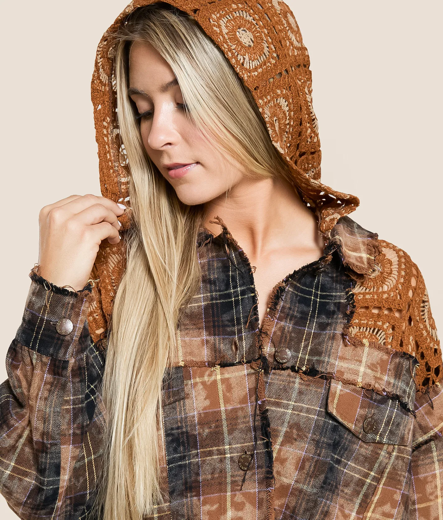 Tops|Coats & Jackets | Miss Me Washed Plaid Hooded Shacket Camel Brown
