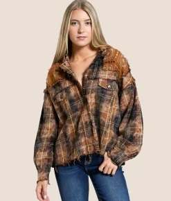 Tops|Coats & Jackets | Miss Me Washed Plaid Hooded Shacket Camel Brown