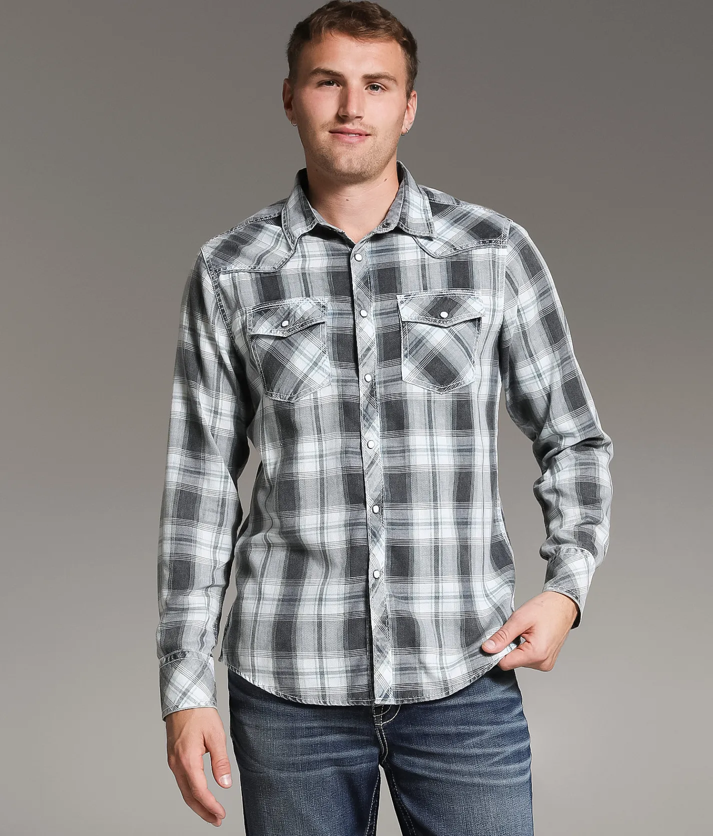 Tops | BKE Vintage Washed Plaid Standard Shirt Black Blue White