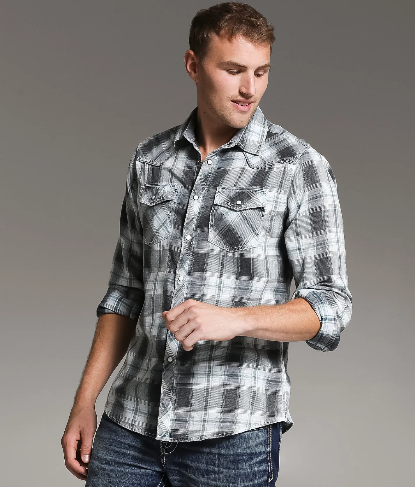 Tops | BKE Vintage Washed Plaid Standard Shirt Black Blue White