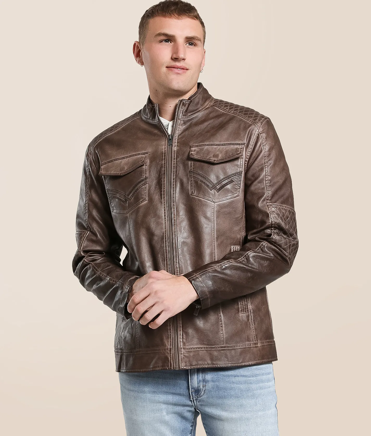 Buckle Black Washed Pleather Jacket Brown Best