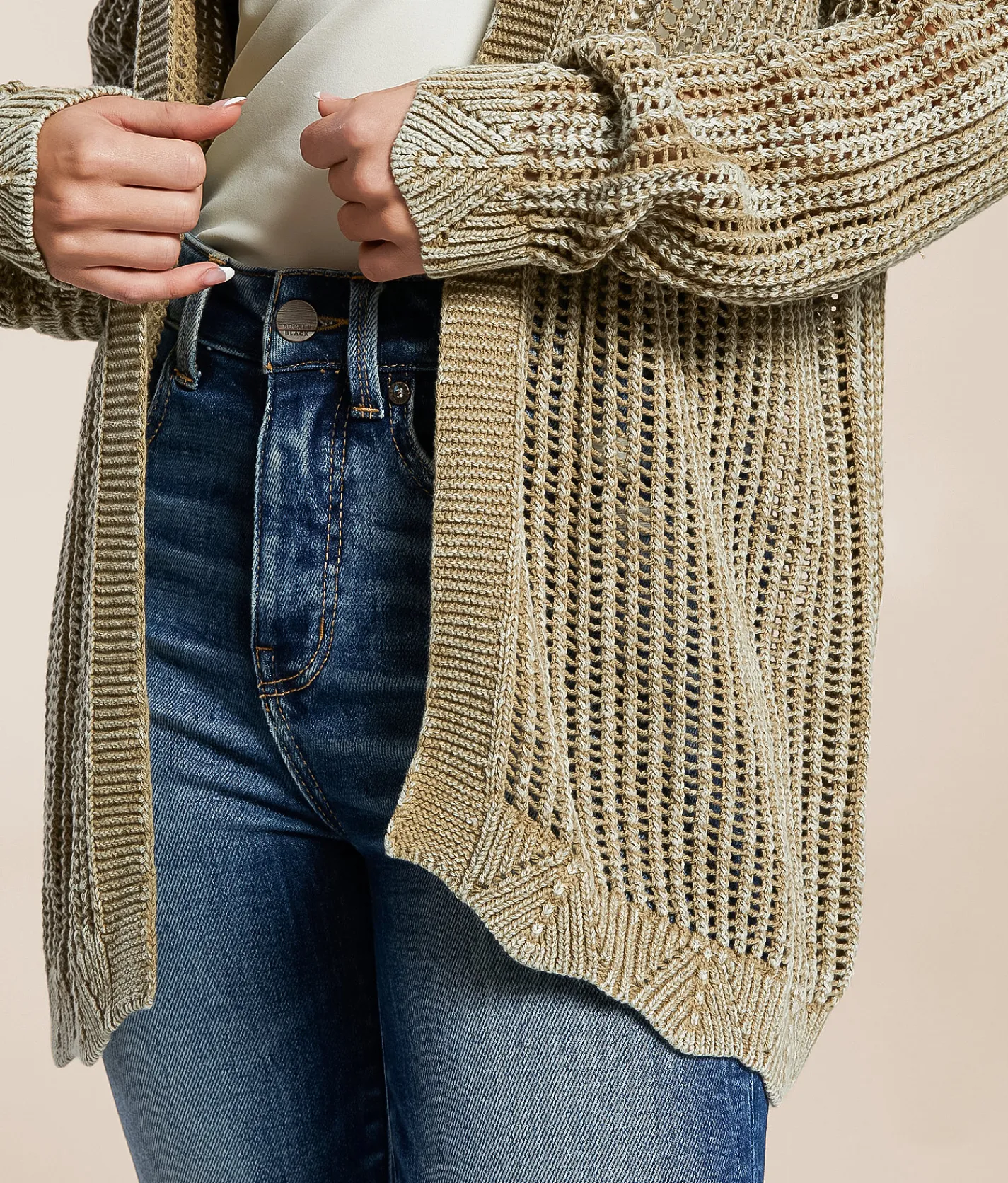 BKE Washed Pointelle Cardigan Sweater Olive Hot