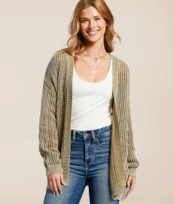 BKE Washed Pointelle Cardigan Sweater Olive Hot