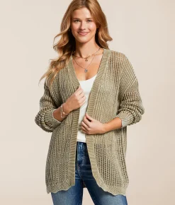 BKE Washed Pointelle Cardigan Sweater Olive Hot