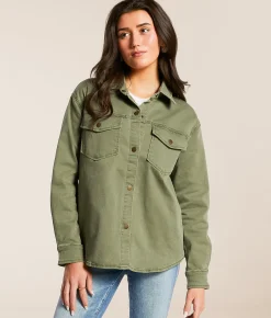Stoosh Washed Stretch Denim Shacket Olive Sale