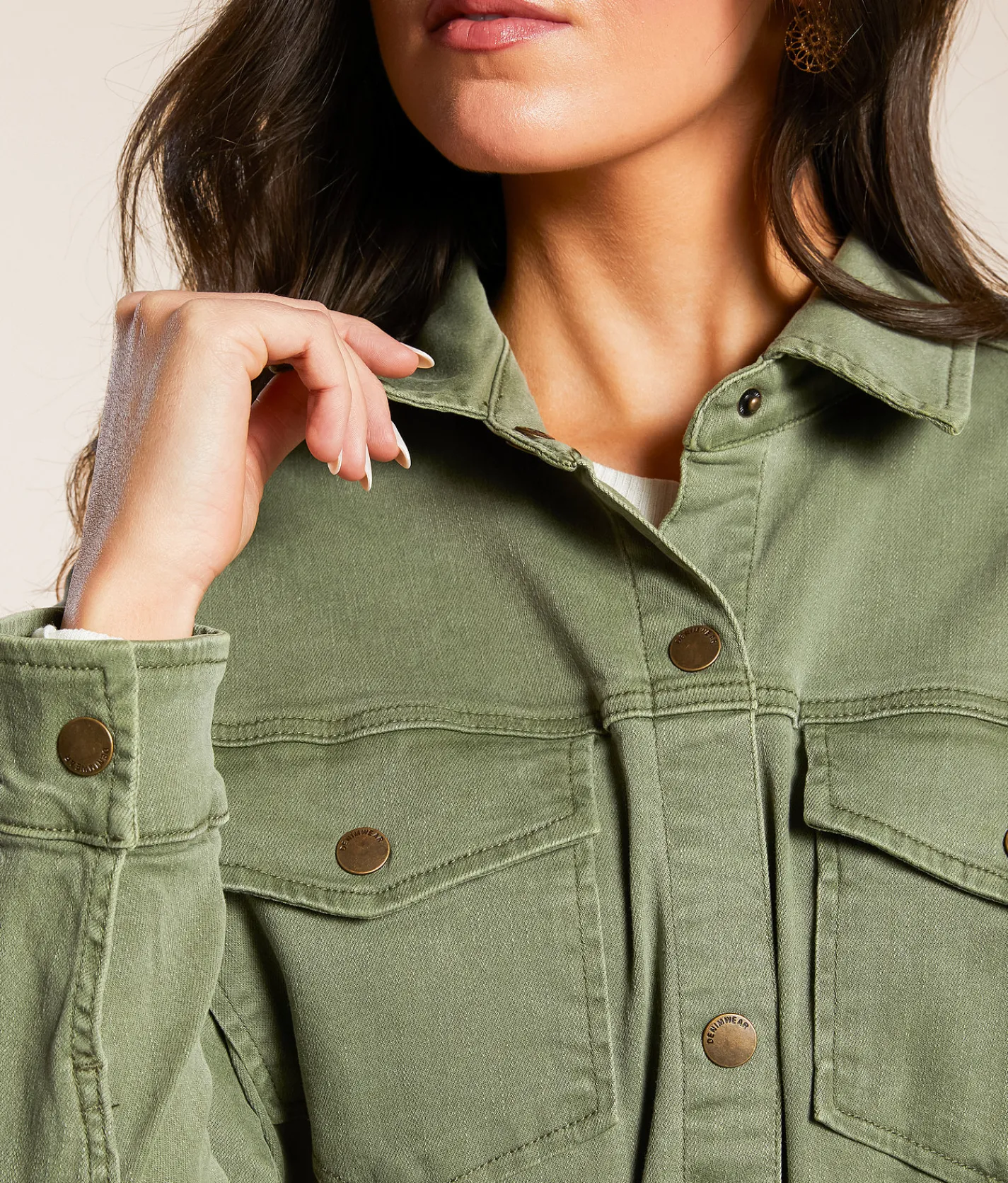 Stoosh Washed Stretch Denim Shacket Olive Sale