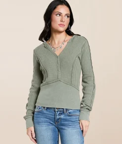 Tops | Gilded Intent Washed Thermal Hoodie Dusty Green