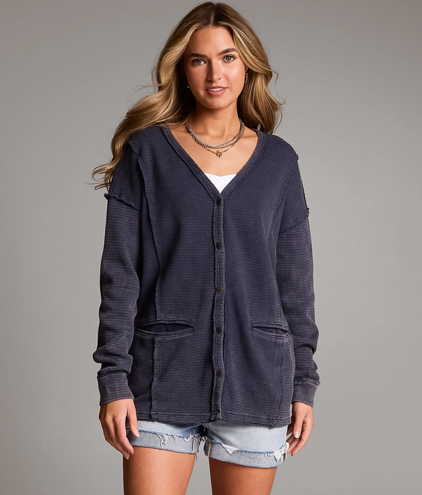 Tops | BKE Washed Waffle Cardigan Mood Indigo
