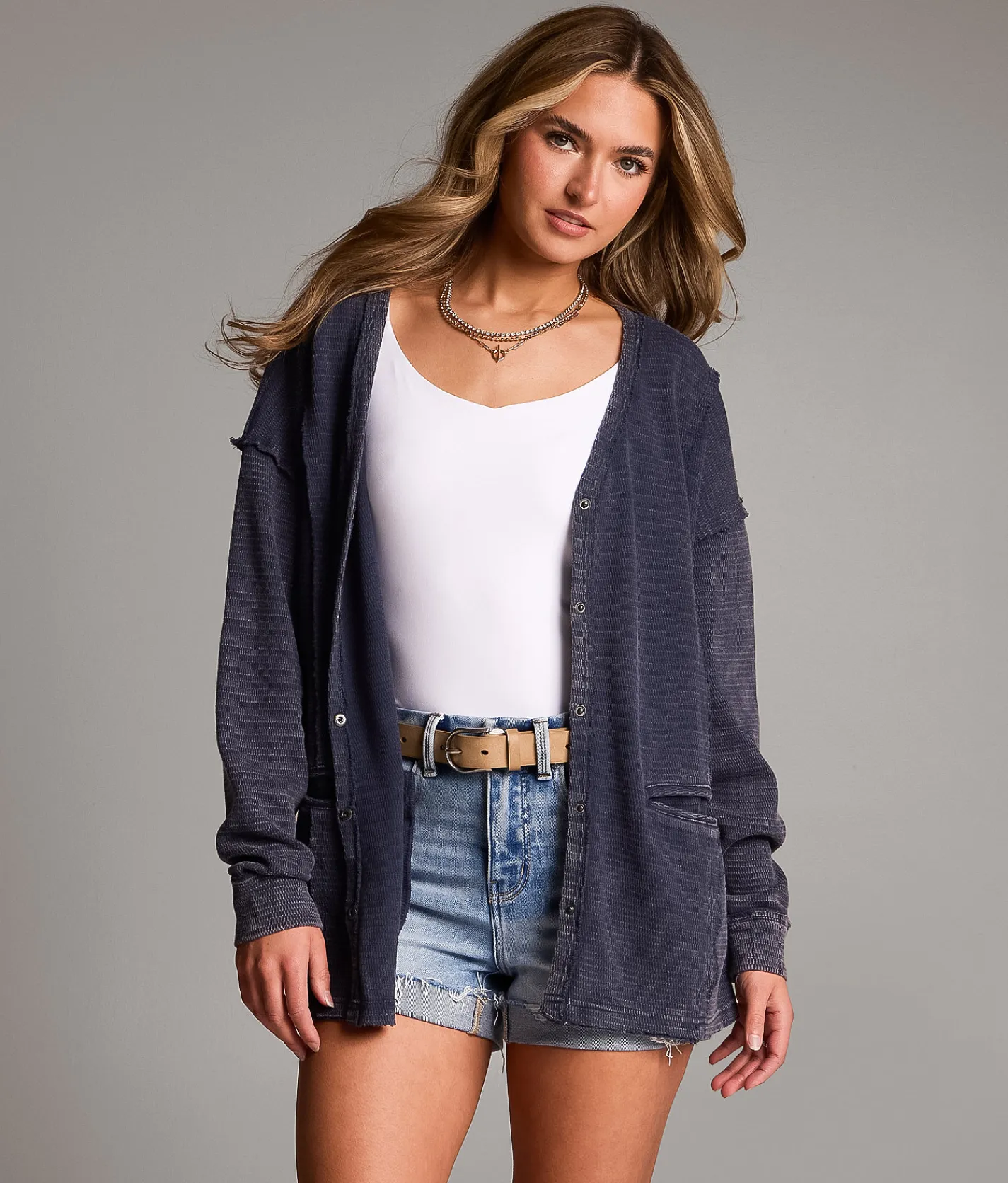 Tops | BKE Washed Waffle Cardigan Mood Indigo