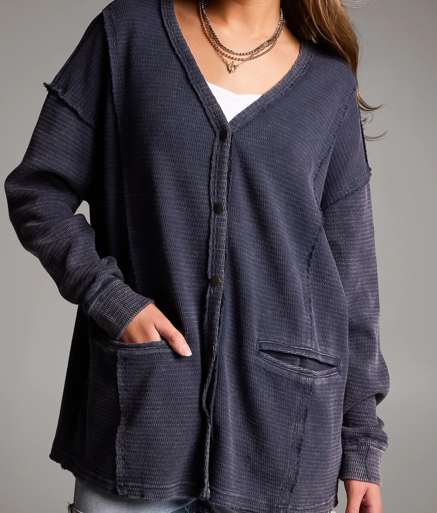 Tops | BKE Washed Waffle Cardigan Mood Indigo
