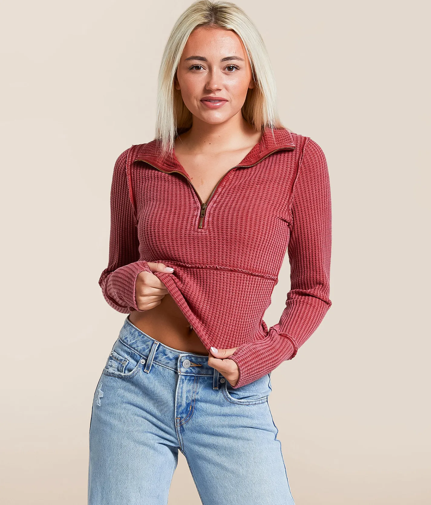 Gilded Intent Washed Waffle Knit Pullover Karanda Red Hot