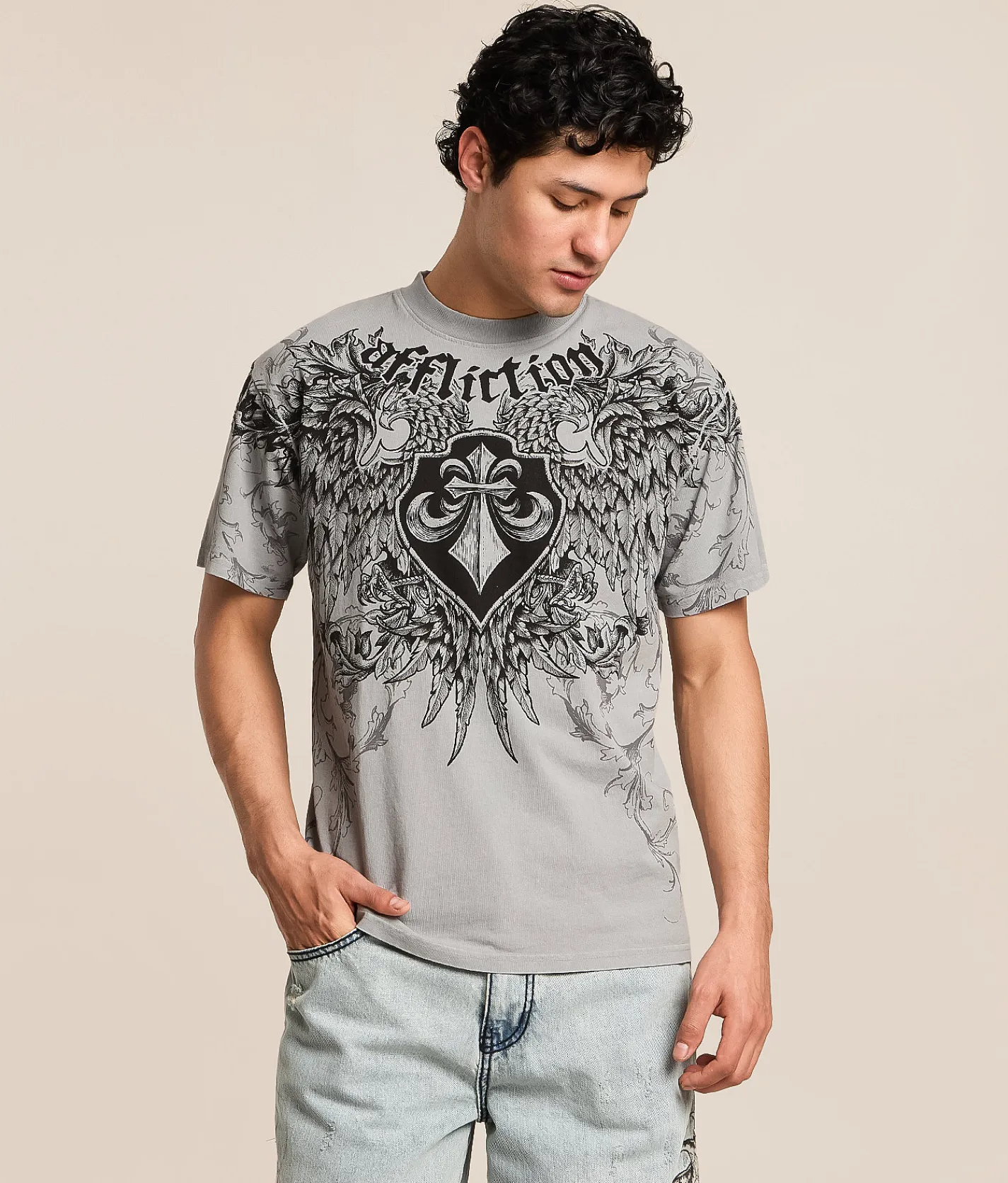Tops|Graphic T-Shirts | Affliction Wash T-Shirt Silver Gray Lava Wash