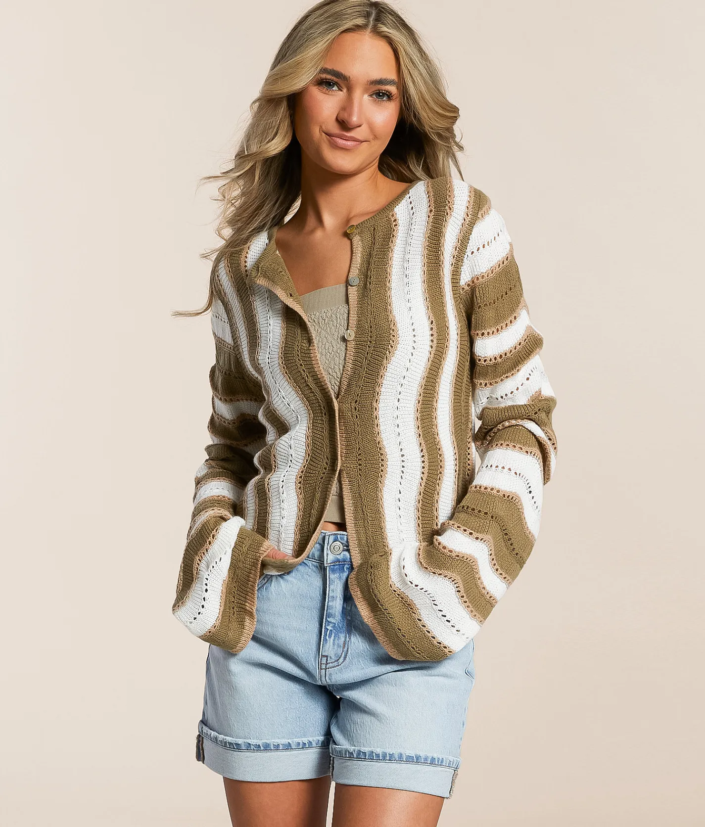 Willow & Root Wave Pointelle Cardigan Sweater Seagrass White Hot