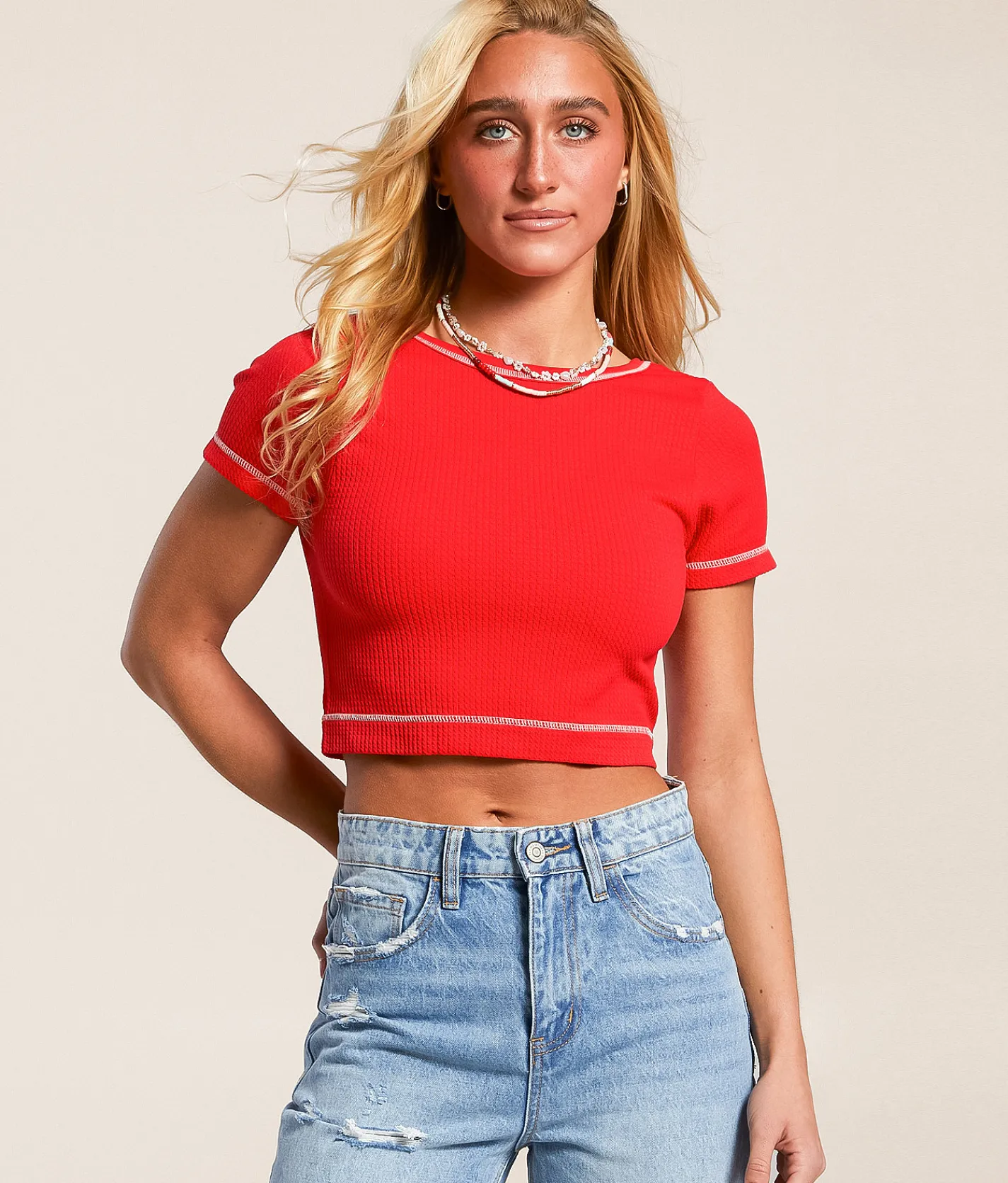 Freshwear 2-Way Waffle Cropped Top High Risk Red Online