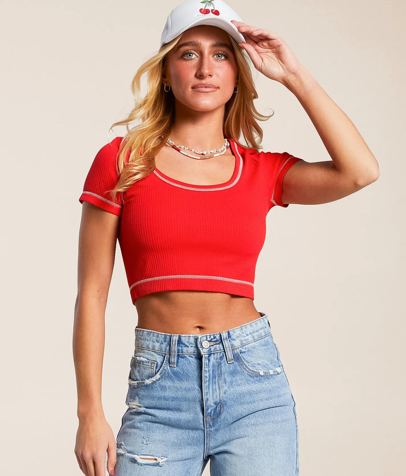 Freshwear 2-Way Waffle Cropped Top High Risk Red Online