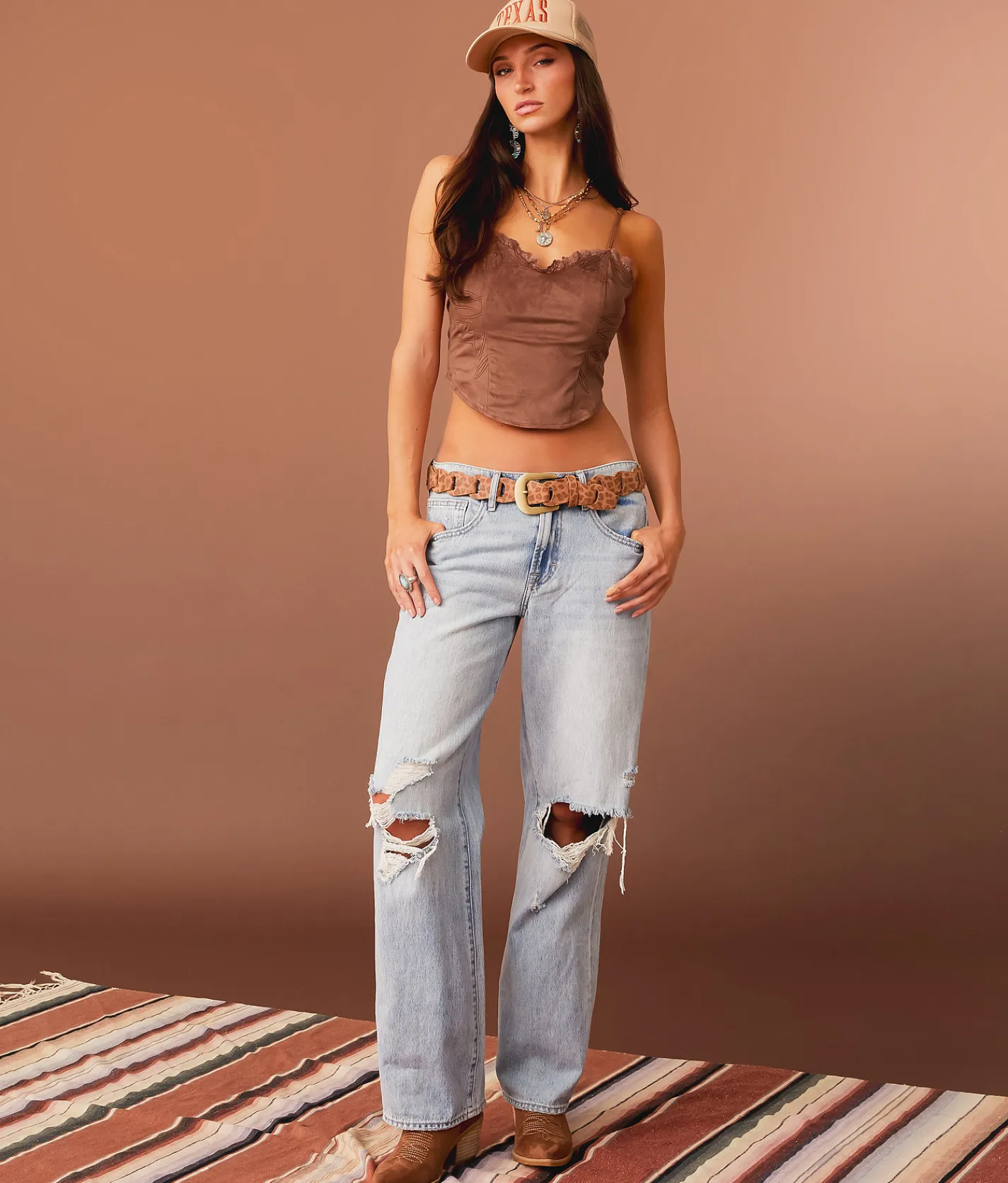 Tops | Sterling & Stitch Western Faux Suede Cropped Tank Top Brown