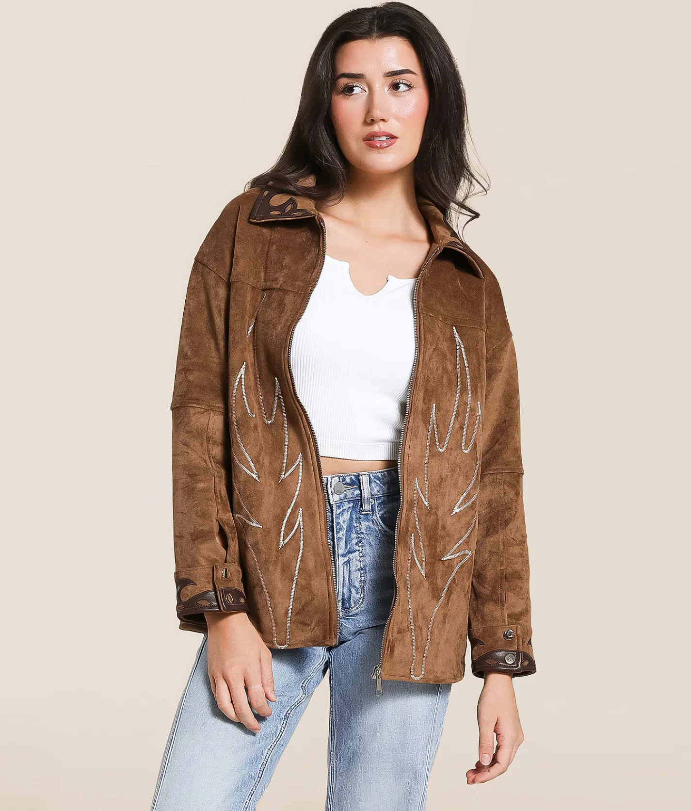 Azalea Wang Western Faux Suede Jacket Brown Hot