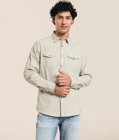 Gentry County Western Striped Athletic Shirt Cream Brown Clearance