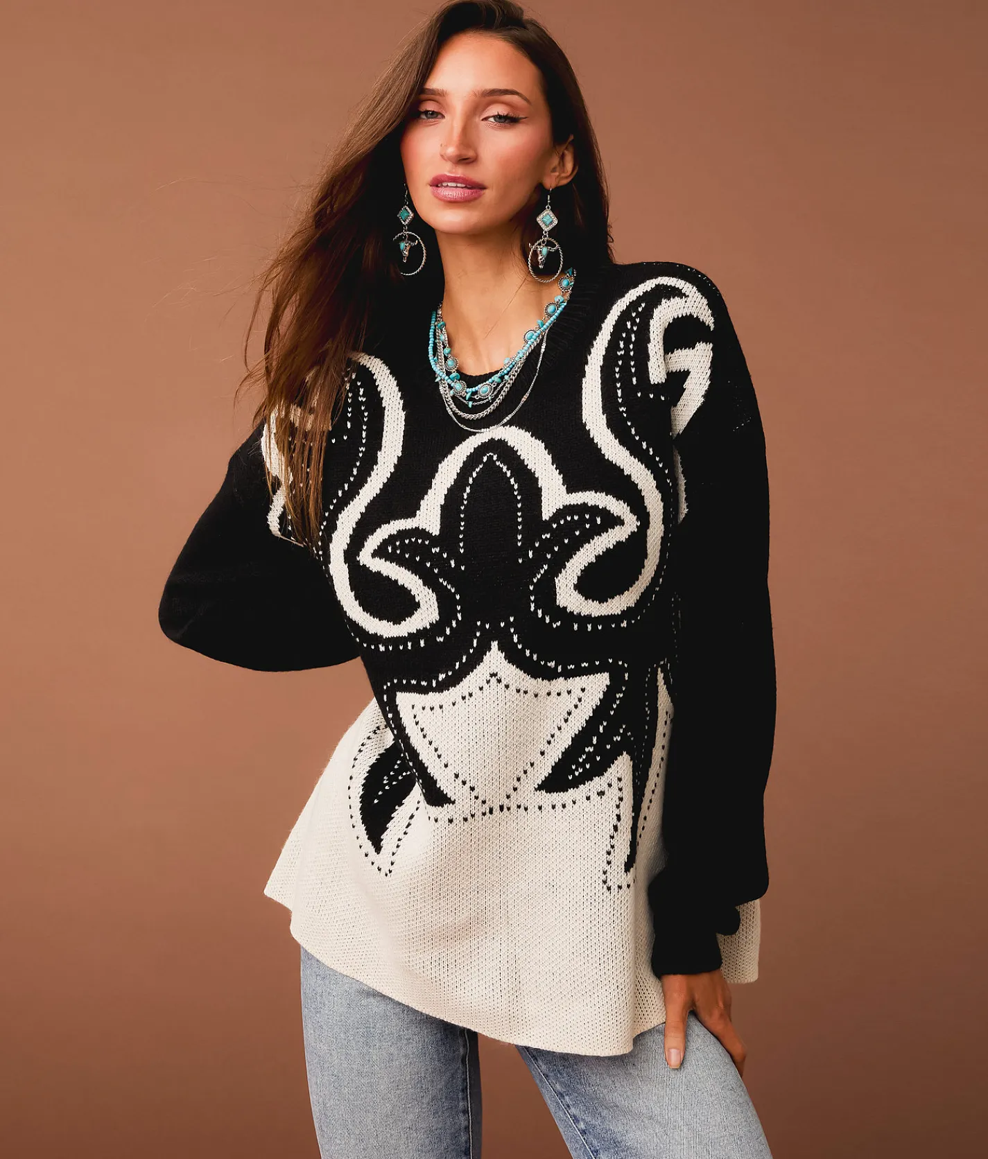 Tops | Sterling & Stitch Western Sweater Black Cream