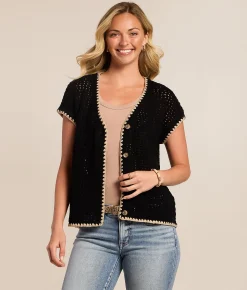 Tops | Blu Pepper Whipstitch Cardigan Sweater Black
